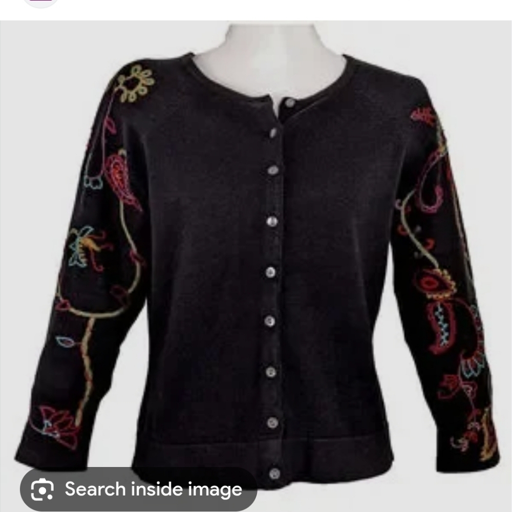 I.V.Y Black Stretch Cardigan Sweater Embroidered Women's Size LG